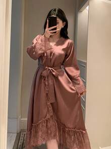 DAZY Women's Solid Color Contrast Lace Long Sleeve Elegant Robe Pajamas - Brown - View 3