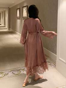 DAZY Women's Solid Color Contrast Lace Long Sleeve Elegant Robe Pajamas - Brown - View 2