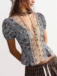 Bohemela Camisa casual de mujer con estampado tejido y encaje en contraste - Azul - Ver 6