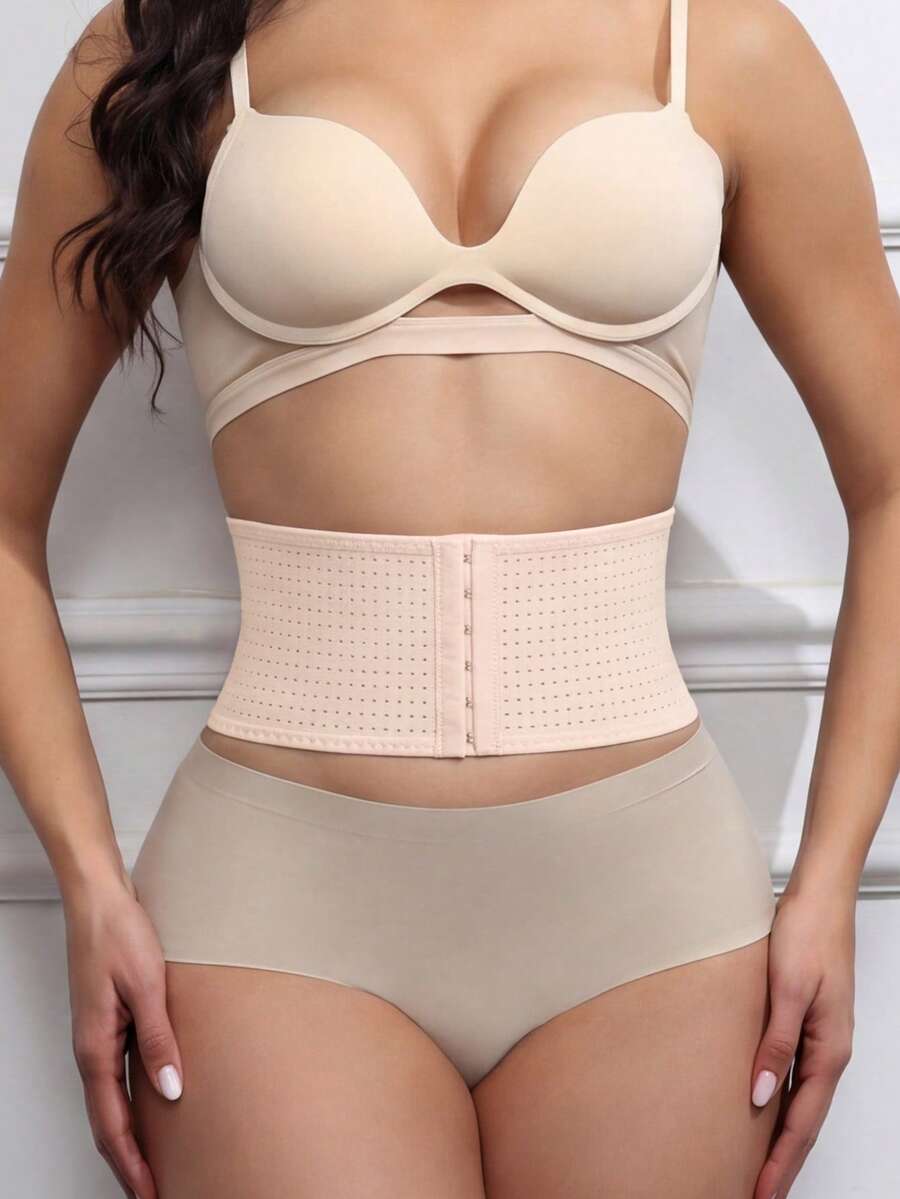 SHEIN Korset Pinggang Wanita Warna Polos dengan Penutup Depan - Aprikot - View 1