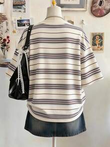 Lalippa Striped Digital Print Fashionable Minimalist Oversized Mid-Length Round Neck Drop Shoulder Women T-Shirt, Gift For Friends - White - View 2
