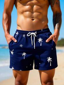 Manfinity KASUA Men's Casual Coconut Tree Print Pocket Drawstring Waist Beach Shorts, Holiday - Navy Blue - View 6
