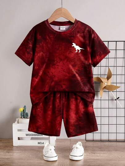Young Boy Casual Tie-Dye Print Round Neck Short Sleeve T-Shirt And Shorts Set