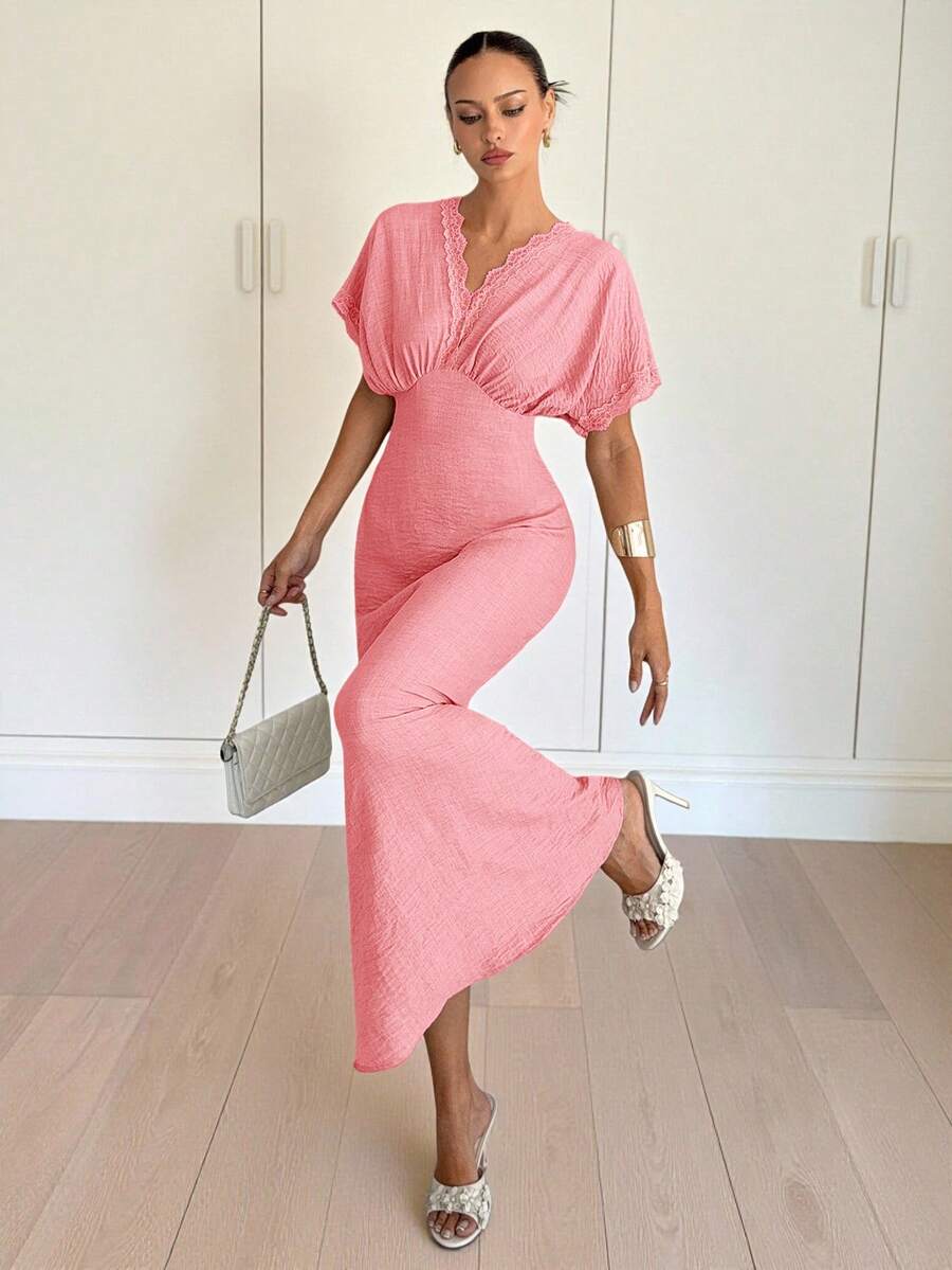 Siren Gaze Women's Lace Patchwork Textured Batwing Sleeve Vacation Dress Vacation Soft Pink Summer Elegant - Pink - View 1