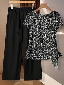 SHEIN Clasi 女士系带蝴蝶结衬衫和直筒裤两件套 - 彩色 - 查看 3