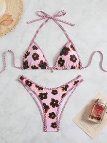 Swim Vcay Women's Summer Beach Floral Print Halter Tie Sexy Bikini And Triangle Panty Swimwear Set - Multicolor - View 1