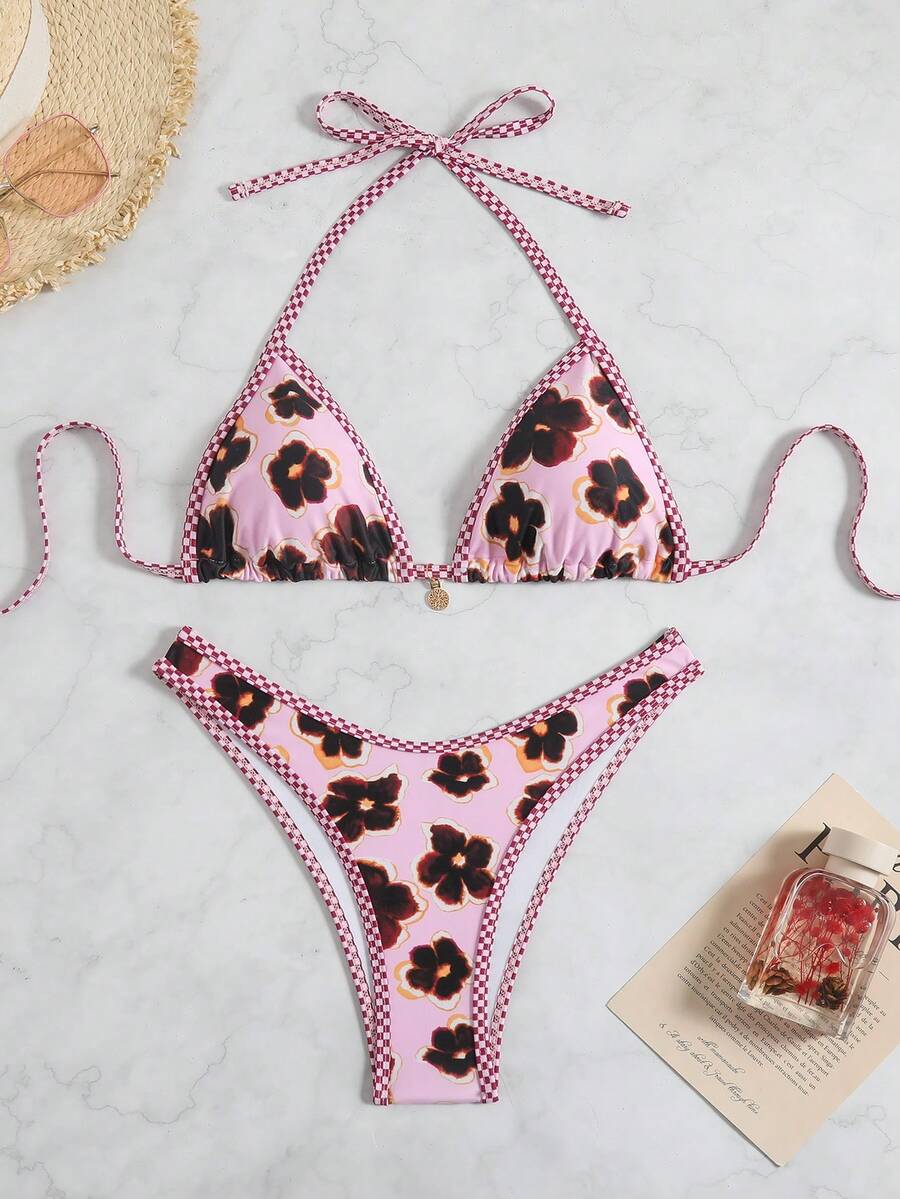 Swim Vcay Women's Summer Beach Floral Print Halter Tie Sexy Bikini And Triangle Panty Swimwear Set - Multicolor - View 1
