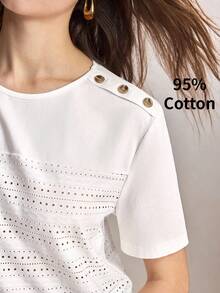 BizChic White Women's T-Shirt With Hollow Out Button Splicing, Elegant Casual Commute Date Independence Day Graduation Season Music Festival Slimming Elegant Versatile Premium Summer - White - View 6