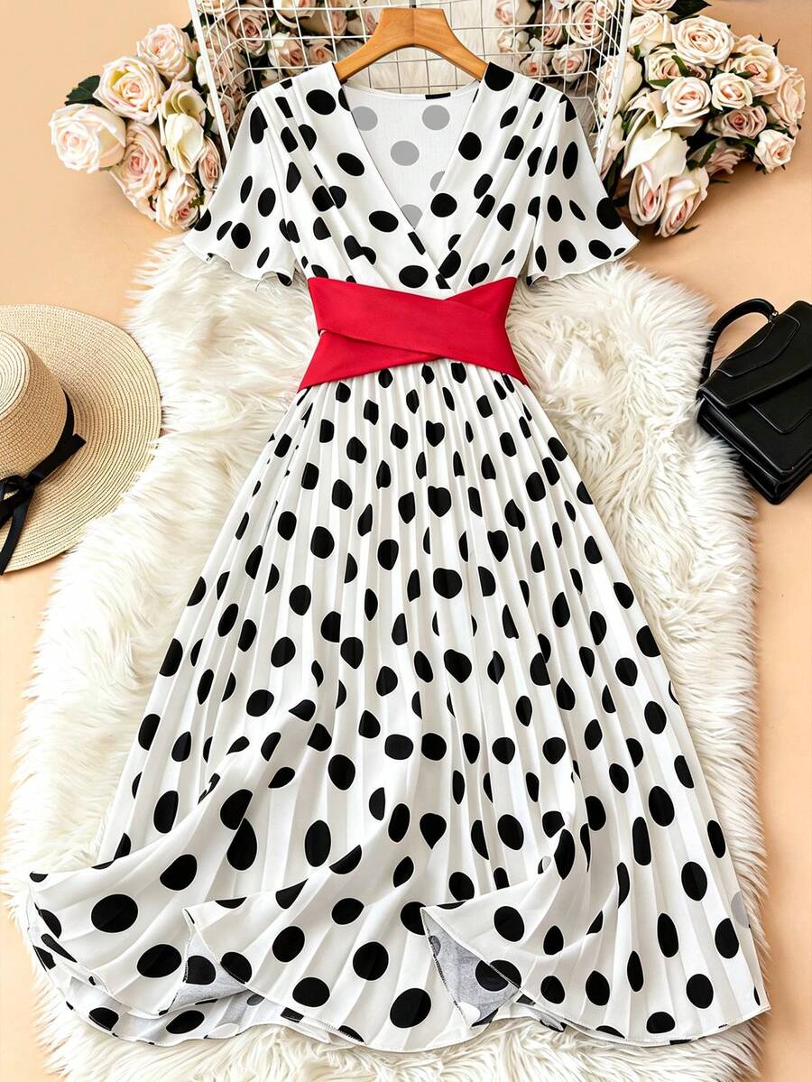 SHEIN Franclia 女款V領圓點拼接壓褶時尚約會派對洋裝 - 紅白色 - 查看 1