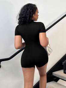 Alexandranx Jumpsuit ôm sát in họa tiết khóa kéo phong cách thể thao cho nữ, màu đen, mùa hè - màu đen - Xem 2
