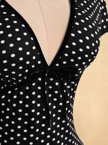 SHEIN ICON Đầm chữ A tay ngắn cổ chữ V sâu chấm bi phong cách retro Y2K cỡ lớn, thích hợp cho đi học, mặc thường ngày, đi nghỉ mát, mùa hè. - màu đen - Xem 8