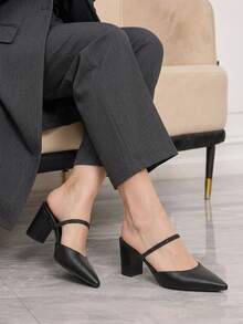 Sleekvia Women's New Chunky Heel Pointed Toe High Heels, PU Material, Simple Commuter Style - Black - View 3