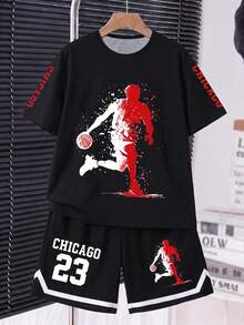 Boys' (Large) Pure Black Loose Fit Short Sleeve T-Shirt, Crisp Silhouette, Front Printed With Red And White Contrast Basketball Player Silhouette In Splatter Style Design, Dynamic Look; Back With Prominent Number 23 - Multicolor - View 9