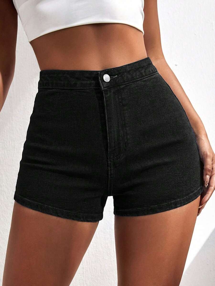 SHEIN ICON 女士高腰修身休闲百搭牛仔短裤 - 黑色 - 查看 1