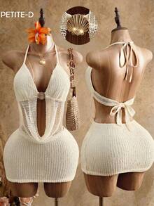 SHEIN PETITE Vestido sexy con escote pronunciado y lazo para mujer, con decoración de concha metálica, para mujeres de talla pequeña - Albaricoque - Ver 2