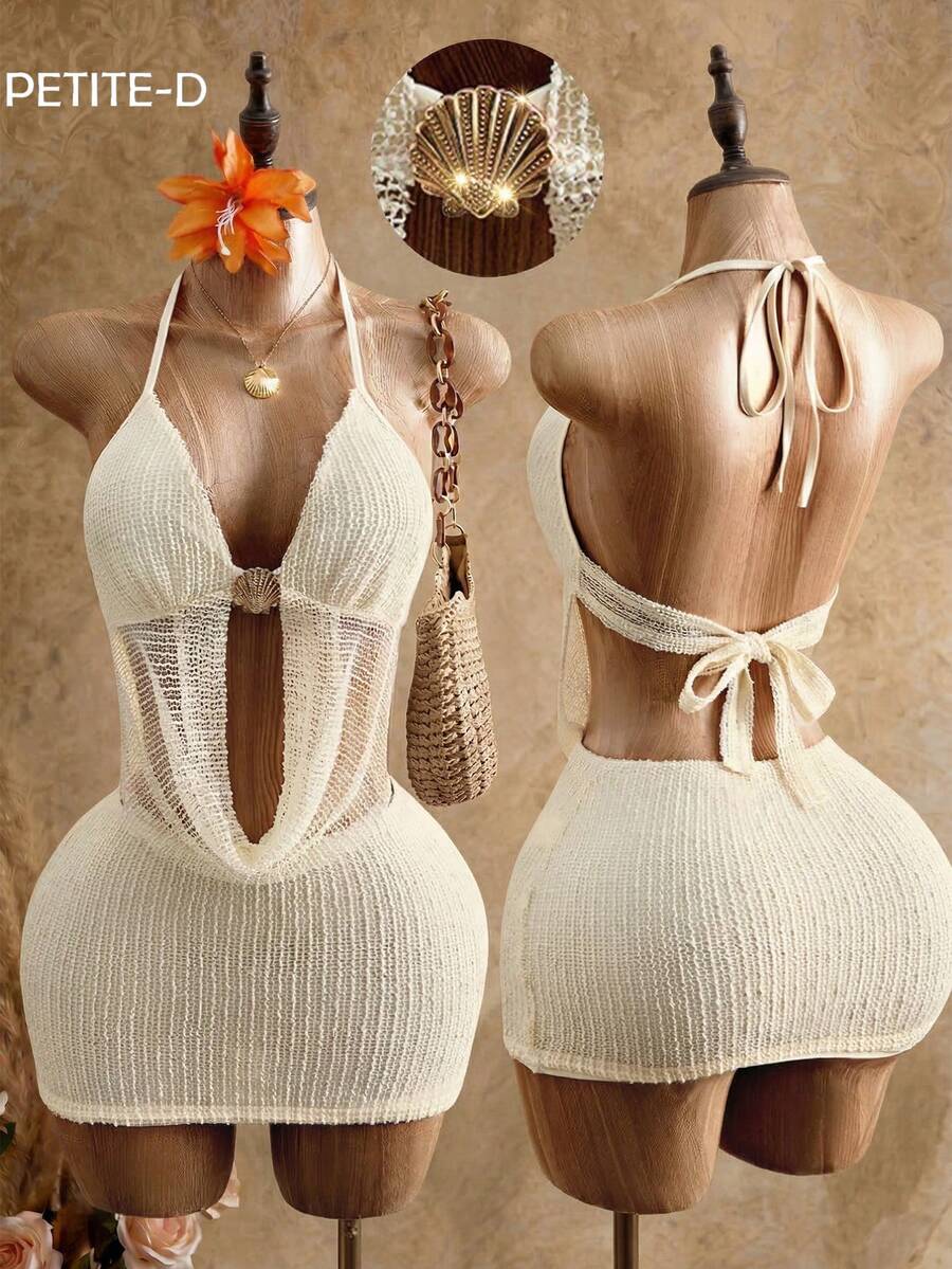 SHEIN PETITE Vestido sexy con escote pronunciado y lazo para mujer, con decoración de concha metálica, para mujeres de talla pequeña