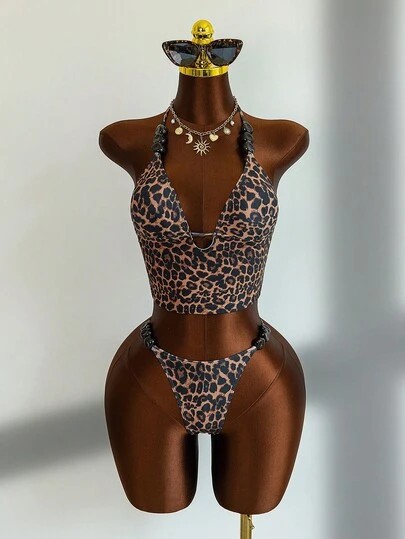 Bonvoyette Shapewave-D Women's Leopard & Zebra Print Contrast Color Molding Camisole Spaghetti Strap Bikini Top + High Slit Pants, Beaded Decor, Adjustable Criss-Cross Back Design, Sexy Bodycon Curve-Flattering Beach Holiday Swimsuit Set