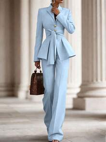 SHEIN Women's Solid Color Knotted Waist Long Sleeve Jacket And Pants Casual Suit, Suitable For Commuting And Daily Wear - Blue - View 3