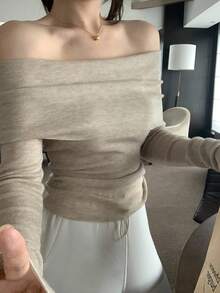 DAZY Women's Solid Color Off-Shoulder Long Sleeve Fitted Sweater, Autumn Off Shoulder Sweater,Long Sleeve Tops,Fall Women Clothes - Camel - View 9