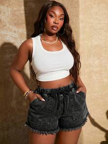 SHEIN SXY Quần short tua rua cạp chun cổ điển mới giặt tay cho nữ cỡ lớn, phù hợp mặc hàng ngày, lễ hội âm nhạc, hòa nhạc, tiệc hóa trang, kỳ nghỉ bãi biển, đêm hẹn hò, sinh nhật, tiệc độc thân, câu lạc bộ, dễ thương, thường ngày, mua sắm, thời trang đường phố, đi chơi - màu đen - Xem 3