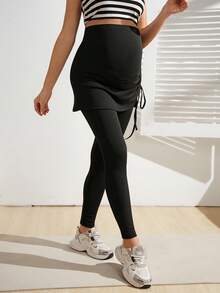 SHEIN Calça Casual Ajustável na Cintura 2 em 1 com Bainha com Cordão, Conjunto Esportivo para Gestantes - Preto - Visão 3