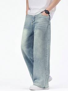 SHEIN Genkimix Kids 休閒寬鬆直筒水洗灰色牛仔褲，四季百搭，適合青少年與年輕男性，秋季穿搭 - 中等水洗藍 - 查看 4