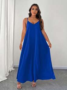 Maweii Vestido de tirantes de vacaciones de unicolor y versátil para mujer de talla grande - Azul - Ver 1