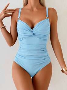 Swim Chiccia Women's Beach Vacation Solid Color Metal Ring Decor Criss-Cross Ruched Sexy Camisole & Shorts Set - Baby Blue - View 3