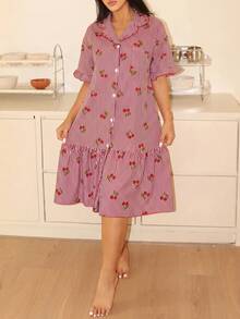 EasyFave Striped Cherry Print Short Sleeve Women Nightgown - Multicolor - View 3