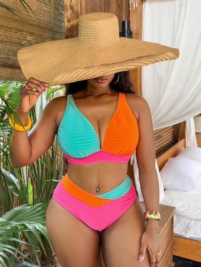 Swim Vcay Bộ bikini 2 mảnh cỡ lớn mới năm 2026, cổ chữ V, thiết kế phối màu, thích hợp mặc đi biển và nghỉ dưỡng, mùa xuân/hè.