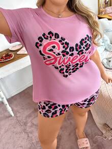 Slumberry CURVE Heart & Leopard Print Sweet Round Neck Knit Short Sleeve Pajama Set, Plus Size - Multicolor - View 3