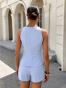 Modelyn Women's Casual Smart Casual Elegant 2-Piece Set, V-Neck Front Open Blouse + Shorts, Fashionable Work Brunch Outfit, Summer Baby Blue - Blue - View 2