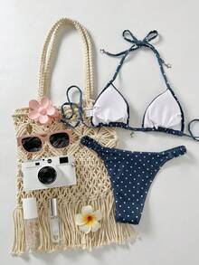 Swim Mod 2件組女款海灘套裝，時尚可愛性感度假海灘裝，隨機印花圓點多色星星掛脖露背綁帶短版上衣與抓皺腰比基尼泳褲泳裝 - 彩色 - 查看 2