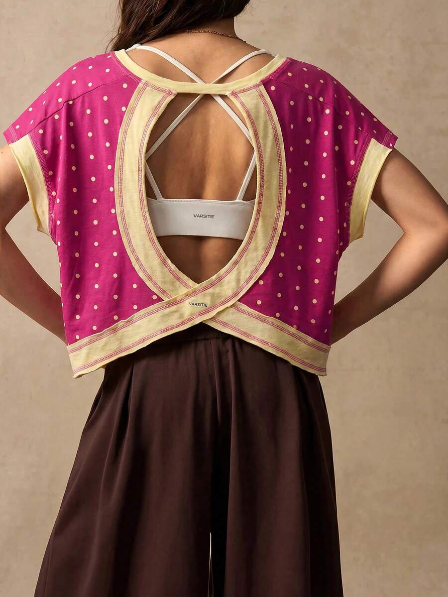 VARSIVA Áo thun nữ chấm bi phối nhiều mảnh, kiểu dáng thường ngày, đa năng và phù hợp cho thể thao. - Màu Hồng Tươi - Xem 1