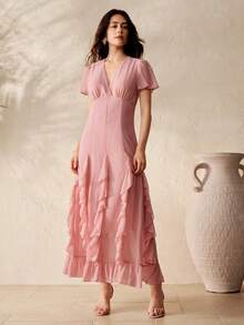 SHEIN Zanirela Vestido de mujer con cuello en V, volantes, cintura ceñida, sexy, romántico, estilo francés, elegante, cola de pez, para vacaciones, verano, rosa empolvado, brunch - Rosa - Ver 4