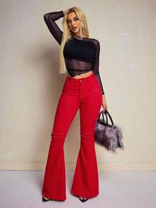 SHEIN SXY Women's Solid Color Front Button Pocket Casual Denim Pants - Red - View 5