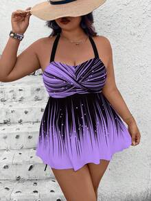 Swim Lushoire Plus Size 2-Piece Set: Printed Top And Solid High-Waist Shorts, Spaghetti Strap Criss-Cross Backless Top Style Casual Swimwear - Purple - View 3