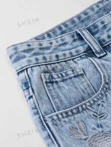 Qadelle Quần short denim nữ kiểu dáng thường ngày, thêu hoa, thích hợp cho mùa hè. - Màu xanh lam - Xem 4