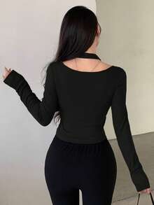 DAZY Women Spring Design Sense Cross Strap Tight Crop Top With Long Sleeve And Hollow Out Stripes Going Out Tops Women - Black - View 2