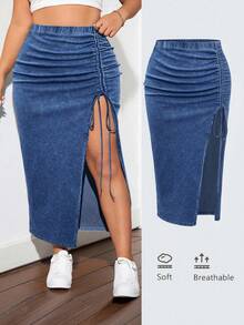 SHEIN ICON Plus Size Women Elastic Waist Side Drawstring Slit Hem Denim A-Line Skirt - Dark Wash - View 1
