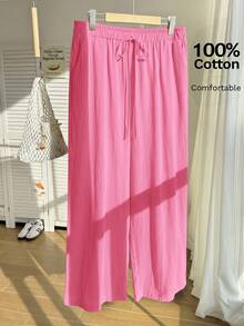 Comfortcana Pantalones anchos casuales de verano para mujer talla grande, de unicolor con cordón en la cintura - Rosa Fucsia - Ver 1
