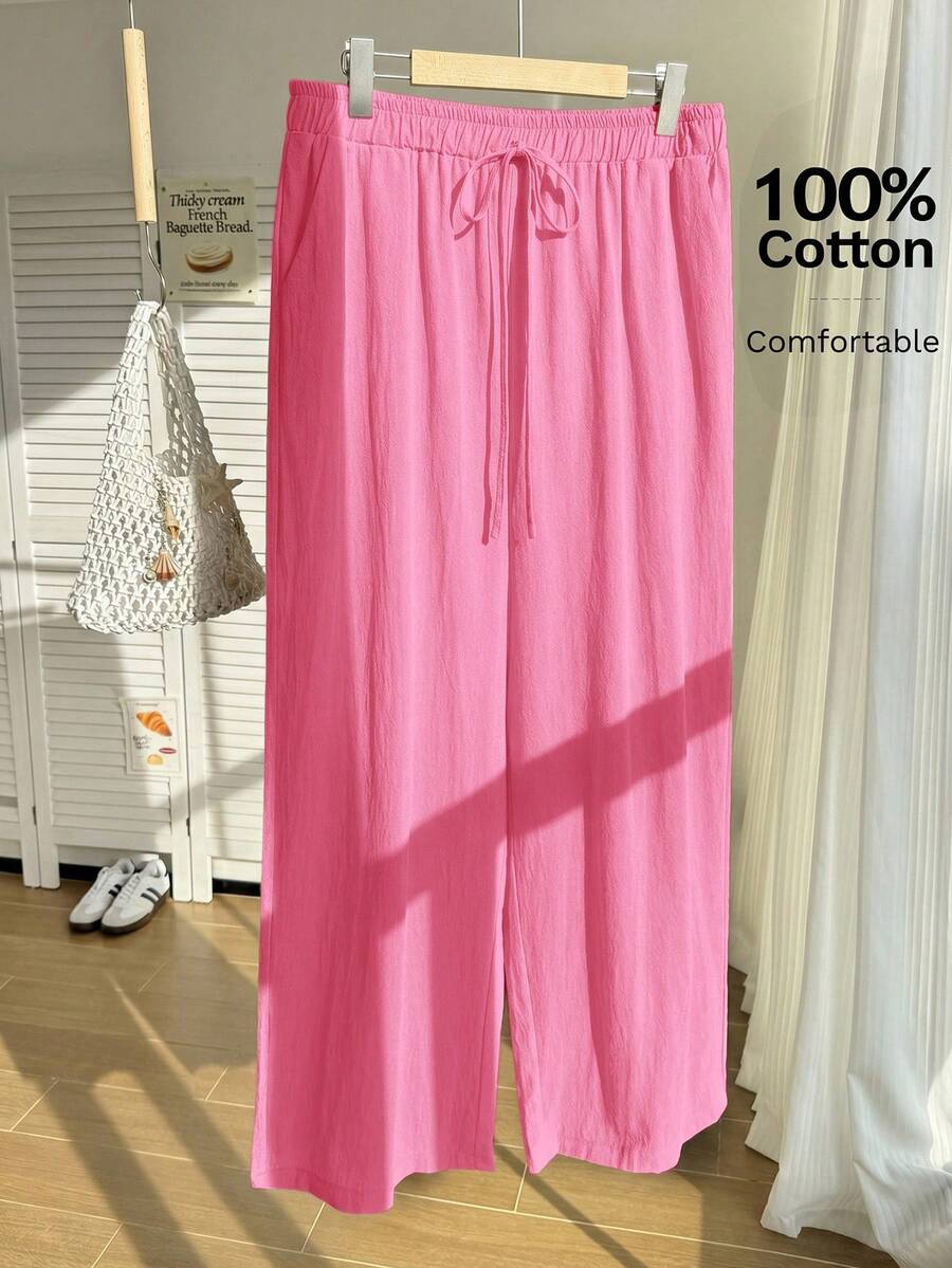 Comfortcana Pantalones anchos casuales de verano para mujer talla grande, de unicolor con cordón en la cintura - Rosa Fucsia - Ver 1
