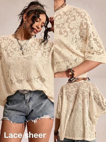 SHEIN LUNE Áo thun tay cánh dơi ren xuyên thấu dành cho nữ cỡ lớn, đa năng.