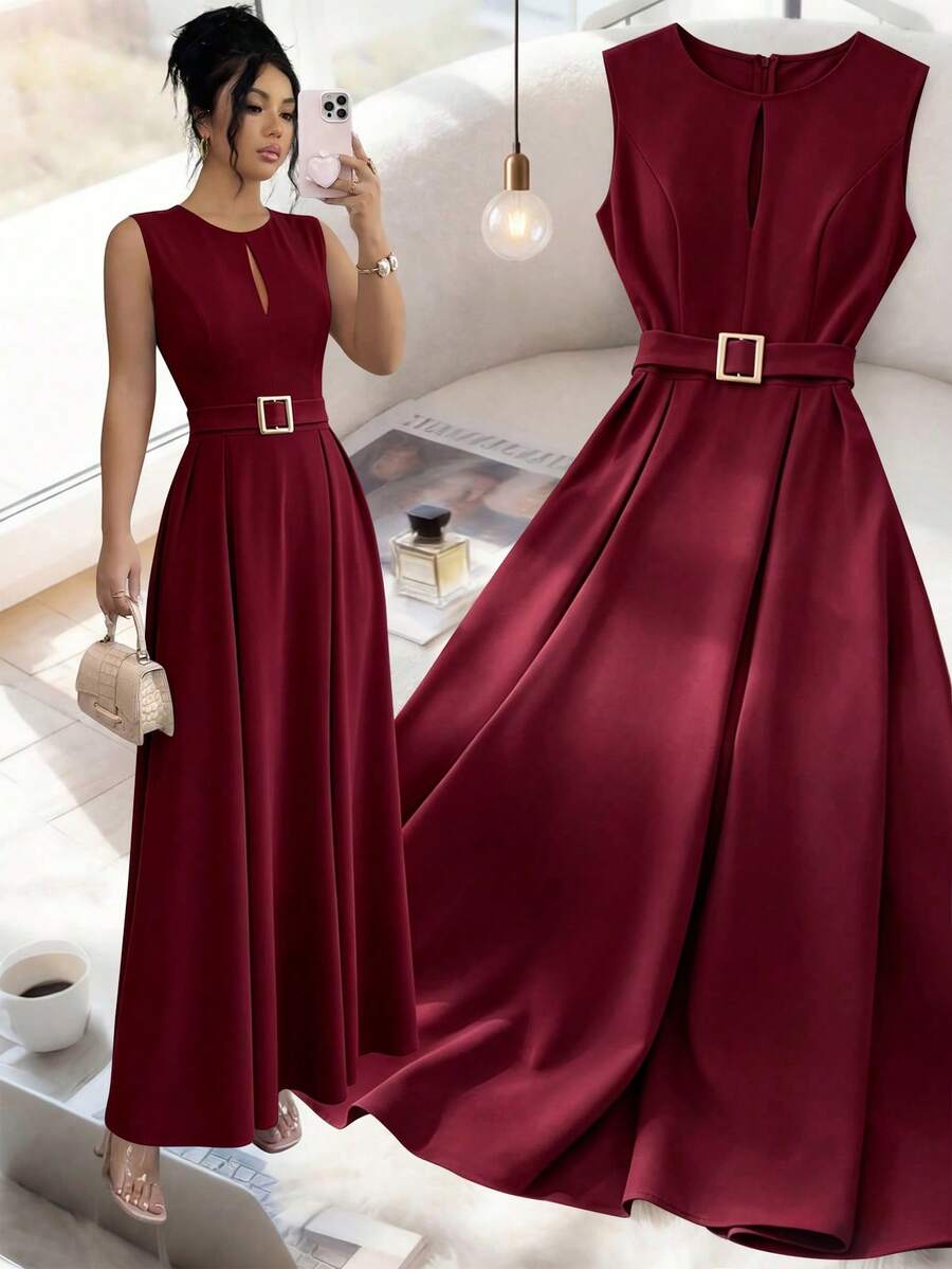 Elenzga Women's Elegant Romantic Sleeveless Flowing Casual Dress - Burgundy - View 1