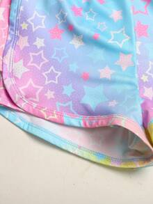 SHEIN 2件套女童运动服针织渐变星形字母印花弹力腰背心和短裤套装 - 彩色 - 查看 3