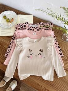 SHEIN LMoss Kids Conjunto de 3 piezas para bebé niña, top casual de punto de color liso con estampado de leopardo y patrón lindo, cuello redondo y bajo con volantes, estilo grueso, adecuado para otoño/invierno - Multicolor - View 5