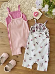 SHEIN LMoss Kids 4件套女婴针织纯色和碎花吊带连体衣套装 - 彩色 - 查看 5