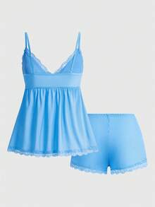 ROMWE Women Ribbed Lace Patchwork Camisole And Casual Shorts Pajama Set - Blue - View 2
