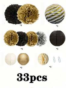 33pcs Black, Gold, Silver And Whit, Paper Flower Ball, Lantern,Party Decorations - multicolor - View 7