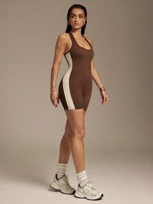Silquee Women's Summer New Contrast Sideseam Racerback Shapewear Romper - Coffee Brown - View 5